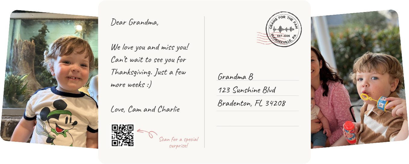 Three postcards — front, back, and family photo