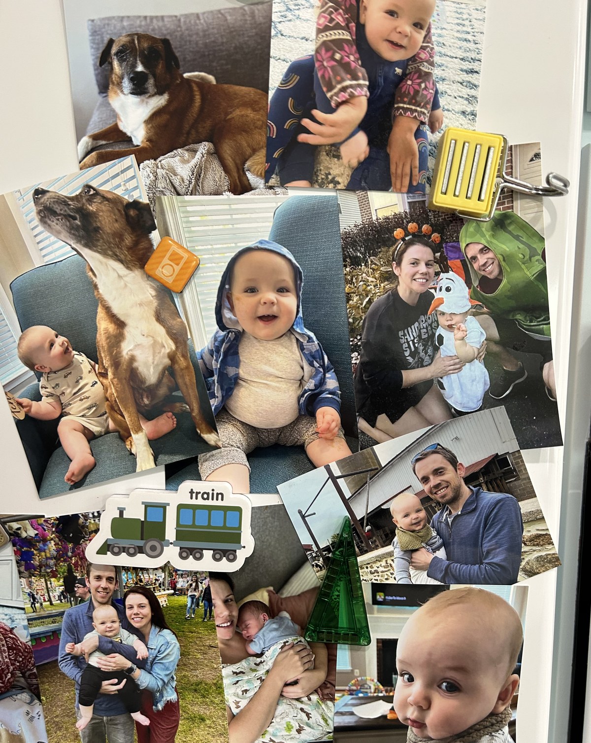 A fridge covered in family photos